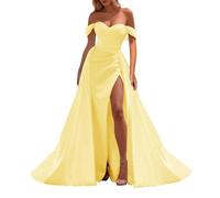 Off The Shoulder Prom Dresses with Slit Mermaid Princess Ball Gowns Pleats Ceremony Dresses Plus Size Yellow UK12