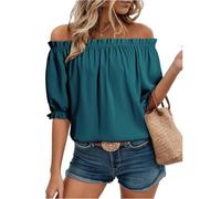 Off The Shoulder Puff Sleeve Peplum Tops for Women Blouses UK Ruffle Elastic Neck Casual Summer Tops for Ladies Going Out Flowy Relaxed Fit Lightweight Dressy Top for UK XL Dark Blue