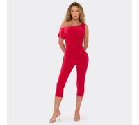 Off The Shoulder Ruched Waist Capri Jumpsuit In Red, Women's Size UK 8