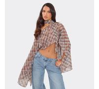 Off The Shoulder Scarf Detail Cape Top In Mult Check Print Chiffon, Women's Size UK 10