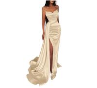 Off The Shoulder Sequin Prom Dresses Long Satin Beaded Mermaid Evening Gown for Women Formal Party Dress with Slit Light Champagne S
