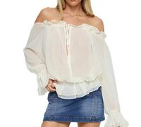 Off The Shoulder Shirt for Women Ruffle Long Sleeve Self Tie Front Chiffon Blouse Date Night Outfits, White, M