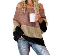 Off The Shoulder Sweater for Women Oversized Color Block Batwing Puff Long Sleeve Pullover Slouchy Cable Knit Striped Top Pink Large