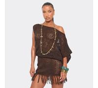 Off The Shoulder Tassel Hem Mini Blouson Dress In Brown Crochet Knit, Women's Size UK M