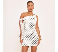 Off The Shoulder Tie Detail Asymmetric Mini Dress In White Polka Dot, Women's Size UK Extra Small XS