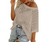 Off The Shoulder Top for Women Summer Loose Half Sleeve Crochet Hollow Out Knit Cover Ups Pullover Vacation Sexy T Shirts (A, L)