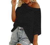 Off The Shoulder Top for Women Summer Loose Half Sleeve Crochet Hollow Out Knit Cover Ups Pullover Vacation Sexy T Shirts (Black, L)