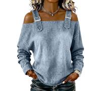 Off the Shoulder Tops Denim Shirt for Women with Adjustable Straps Long Sleeve Smart Tops Casual Blouse for Everyday Cowboy Shirts Fashion Lovers for Women UK XXL Light Blue