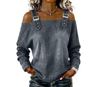 Off the Shoulder Tops Denim Shirt for Women with Adjustable Straps Long Sleeve Smart Tops Casual Blouse for Everyday Cowboy Shirts Fashion Lovers for Women UK XXL Gray