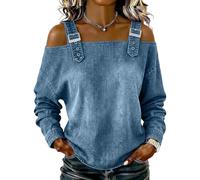 Off the Shoulder Tops Denim Shirt for Women with Adjustable Straps Long Sleeve Smart Tops Casual Blouse for Everyday Cowboy Shirts Fashion Lovers for Women UK L Blue