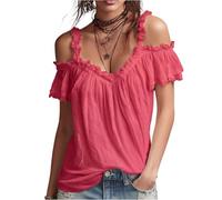 Off The Shoulder Tops for Women Bardot Blouse Ruffled Blouse Cold Shoulder Spaghetti Strap Chiffon Top Casual Summer Loose Fit Shirt for Women UK Flowy Ruffle Trim Watermelon Red M