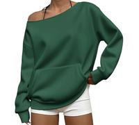 Off The Shoulder Tops for Women Casual Going Out Lightweight Sweatshirts Ladies Fashion Plain Pullover with Pocket(Blackish Green, L)