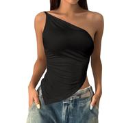 Off The Shoulder Tops For Women Going Out UK Plus Size Clothes Cold Shoulder Crop Sleeveless Tank Slim Fitted Shirts Summer Outfits One Ruched Tight Workout Vest Top (Black,S)