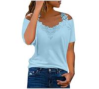 Off The Shoulder Tops for Women Lace Blouses UK Ladies Cold Shoulder Tops Plus Size Short Sleeve Y2K Summmer T Shirt 80s Fashion Elegant Pink Shirts Going Out Sexy V-Neck Blouse Lace Tunic Tee