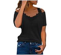 Off The Shoulder Tops for Women Lace Blouses UK Ladies Cold Shoulder Tops Plus Size Short Sleeve Y2K Summmer T Shirt 80s Fashion Elegant Pink Shirts Going Out Sexy V-Neck Blouse Lace Tunic Tee