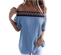 Off The Shoulder Tops for Women Summer Blouse Tops Cotton Loose Short Sleeve Ladies T-Shirts Solid Beach Cover Ups/UK Size/Shipping 7 Days Blue