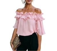 Off The Shoulder Tops for Women UK Double Ruffle Flare 3/4 Sleeve Chiffon Bardot Blouse Loose Flow Womens Casual Dressy Basic Going Out Tops for Office Holiday Street Wear Pink S