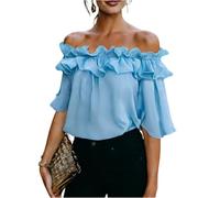 Off The Shoulder Tops for Women UK Double Ruffle Flare 3/4 Sleeve Chiffon Bardot Blouse Loose Flow Womens Casual Dressy Basic Going Out Tops for Office Holiday Street Wear Sky Blue S