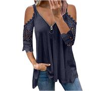 Off The Shoulder Tops for Women UK Plus Size Lace Half Sleeve Casual Zipper V-Neck Shirt Tops Sexy Lace Hollow Out T-Shirt Blouse Tops Longline Tops for Spring/Summer