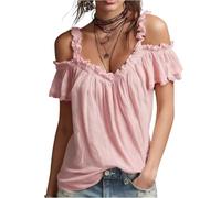 Off The Shoulder Tops for Women UK Sexy Blouses with Straps Womens Casual Ruffles Chiffon Blouse Elegant Tunic Shirts Party Wedding Women's Ruffled Short Top Summer Boho Gathered Bust Shirt Pink