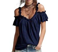 Off The Shoulder Tops for Women UK Sexy Blouses with Straps Womens Casual Ruffles Chiffon Blouse Elegant Tunic Shirts Party Wedding Women's Ruffled Short Top Summer Boho Gathered Bust Shirt Navy