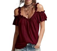 Off The Shoulder Tops for Women UK Sexy Blouses with Straps Womens Casual Ruffles Chiffon Blouse Elegant Tunic Shirts Party Wedding Women's Ruffled Short Top Summer Boho Gathered Bust Shirt Wine