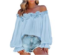 Off The Shoulder Tops Women Plus Size Elegant Blouses Ruffle Trim Boat Neck Tunic Shirts Elastic Cuffs Puff Long Sleeve Dressy Tops Going Out Party Wear Blouses01 Blue XXL
