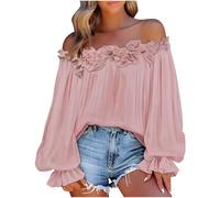 Off The Shoulder Tops Women Plus Size Elegant Blouses Ruffle Trim Boat Neck Tunic Shirts Elastic Cuffs Puff Long Sleeve Dressy Tops Going Out Party Wear Blouses01 Pink XL