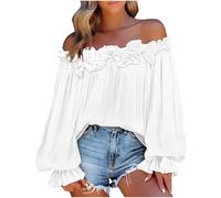 Off The Shoulder Tops Women Plus Size Elegant Blouses Ruffle Trim Boat Neck Tunic Shirts Elastic Cuffs Puff Long Sleeve Dressy Tops Going Out Party Wear Blouses01 White XXL