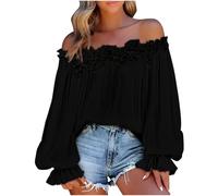 Off The Shoulder Tops Women Plus Size Elegant Blouses Ruffle Trim Boat Neck Tunic Shirts Elastic Cuffs Puff Long Sleeve Dressy Tops Going Out Party Wear Blouses01 Black XL