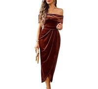 Off The Shoulder Vintage Velvet Bodycon Midi Dress for Women Wrap Slit Elegant Cocktail Party Evening Pencil Dress, Brown, L