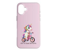Off to Cause Kerfuffle Funny Unicorn Riding Bike Colorful Case for iPhone 16 Plus