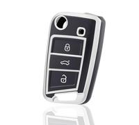 OFF WE GO Car Key Cover for VW Volkswagen Golf 7 Mk7 Polo Skoda Superb Seat Ibiza Tiguan T-Roc Leon Skoda Octavia, TPU Car Key Protective Cover 3 Button Flip Key Fob Case - Dark grey Silver