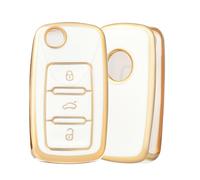 OFF WE GO Car Key Cover for VW Volkswagen Golf MK5 Polo Up Jetta Caddy Beetle Seat Ibiza Leon Skoda Fabia Tiguan Transporter, TPU Car Key Protective Case 3 Button Key Shell Flip Key - White Gold