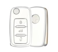 OFF WE GO Car Key Cover for VW Volkswagen Golf MK5 Polo Up Jetta Caddy Beetle Seat Ibiza Leon Skoda Fabia Tiguan Transporter, TPU Car Key Protective Case 3 Button Key Shell Flip Key - White Silver