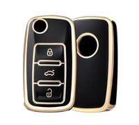OFF WE GO Car Key Cover for VW Volkswagen Golf MK5 Polo Up Jetta Caddy Beetle Seat Ibiza Leon Skoda Fabia Tiguan Transporter, TPU Car Key Protective Case 3 Button Key Shell Flip Key - Black Gold