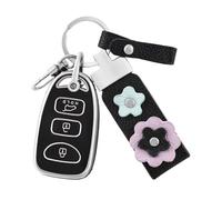 OFF WE GO for Hyundai Key Fob Cover with Leather Keychain, Soft TPU Key Fob Case Fit for Hyundai Elantra Accent Genesis Sonata Kia Forte Optima Sorento Rondo Spectra Car Key (Silver Black)