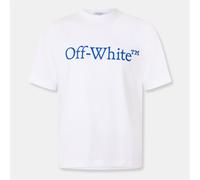 Off-White Mens Off White Striped Regular Fit Lettering T-Shirt in White-True Blue - Size Medium