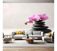 Off White Wall Mural 250 x 180 cm Black Stone and Orchid Non-Woven Art Print Wallpaper Mural for Walls Living Room Bedroom TV Background Boys Girls Kids Rooms Decoration