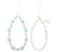 OFFCUP 2 Pack Beaded Phone Bracelet Strap, Flower Pearl Crystal Phone Charm, Colorful Acrylic Beaded Phones Charm Wrist Strap, Anti-Lost Lanyard Handmade Mobile Phones Chain for Women Girls