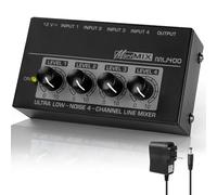OFFCUP 4 Channel Audio Mixer, Mini 12V Compact Low Noise Line Mixer, Metal Karaoke Sound Mixers with Separate Volume Adjustment for Guitar Bass Keyboard Stage Microphone Mixer (Black)