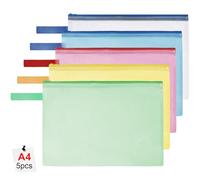 OFFCUP A4 Plastic Wallets, 5PCS Zip Lock Bags, Zipper Bags Mesh Document Bag Wallet Document File Folder Plastic Pockets Zipper File Wallet for School Office Home Travel (Colorful)
