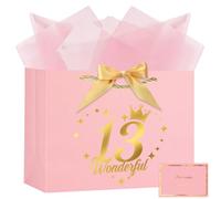 OFFCUP Birthday Gift Bag, 28*20*10cm 13th Birthday Party Gifts Bag with Greeting Handles and 3 Wrappers and 1 Cards, Luxury Paper Bags with Handles for Girls Womens Wedding Party Christmas Valentines