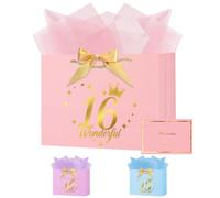 OFFCUP Birthday Gift Bag, 28*20*10cm 16th Birthday Party Gifts Bag with Greeting Handles and 3 Wrappers and 1 Cards, Luxury Paper Bags with Handles for Girls Womens Wedding Party Christmas Valentines