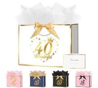 OFFCUP Birthday Gift Bag, 28*20*10cm 40th Birthday Party Gifts Bag with Greeting Handles and 3 Wrappers and 1 Cards, Luxury Paper Bags with Handles for Girls Womens Wedding Party Christmas Valentines