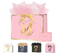 OFFCUP Birthday Gift Bag, 28*20*10cm 50th Birthday Party Gifts Bag with Greeting Handles and 3 Wrappers and 1 Cards, Luxury Paper Bags with Handles for Girls Womens Wedding Party Christmas Valentines