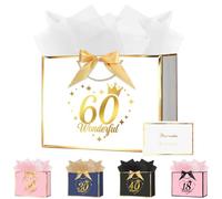 OFFCUP Birthday Gift Bag, 28*20*10cm 60th Birthday Party Gifts Bag with Greeting Handles and 3 Wrappers and 1 Cards, Luxury Paper Bags with Handles for Girls Womens Wedding Party Christmas Valentines