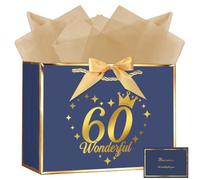 OFFCUP Birthday Gift Bag, 28*20*10cm 60th Birthday Party Gifts Bag with Greeting Handles and 3 Wrappers and 1 Cards, Luxury Paper Bags with Handles for Girls Womens Wedding Party Christmas Valentines