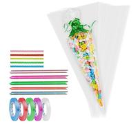 OFFCUP Cone Bags, 50pcs Clear Cone Bags, 16 * 30cm Sweet Bags with 50pcs Mix Colors Pull Bows, 100pcs Coloured Twist Ties and 5pcs Ribbon for Candy, Cookie, Baking, Displaying and Wrapping