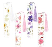 OFFCUP Dried Flower Resin Bookmarks, 4pcs Pressed Flower Bookmark, Transparent Pressed Floral Reading Page Markers with Tassel Daisy Book Markers for Students Bookworms Increase Reading Interest